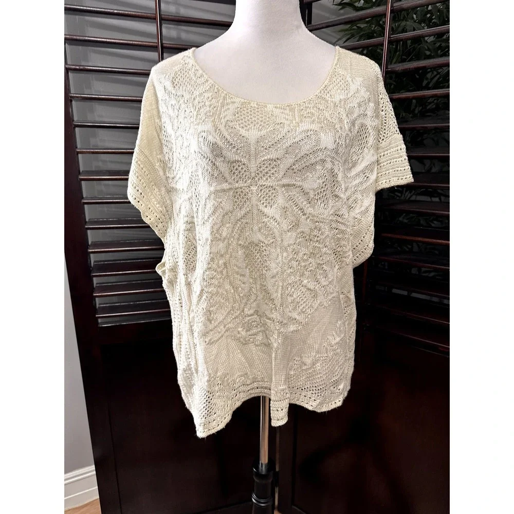 New York & Company Cream/Beige Crochet Sweater Short Sleeve L